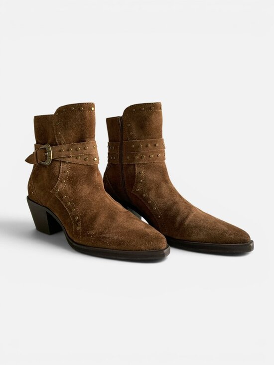 Crown Vintage Shoes - Crown Vintage Brown Suede Studded Ankle Boots Sz 10 Western Buckle Booties Kilon
